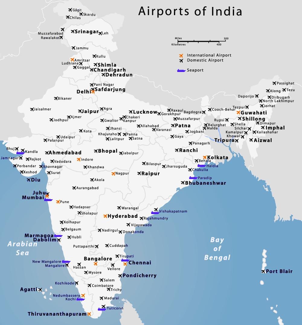 mapa dos aeroportos na Índia