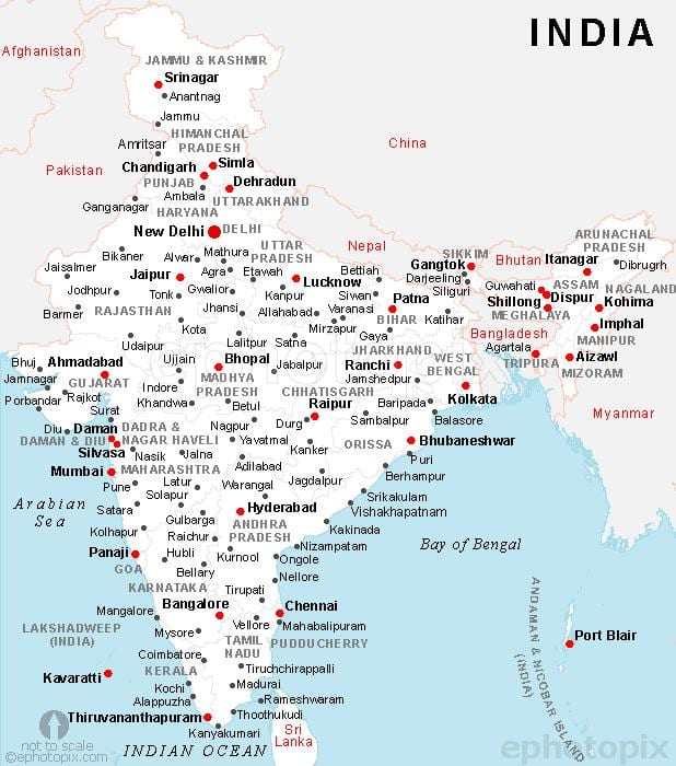 Índia mapa com cidades