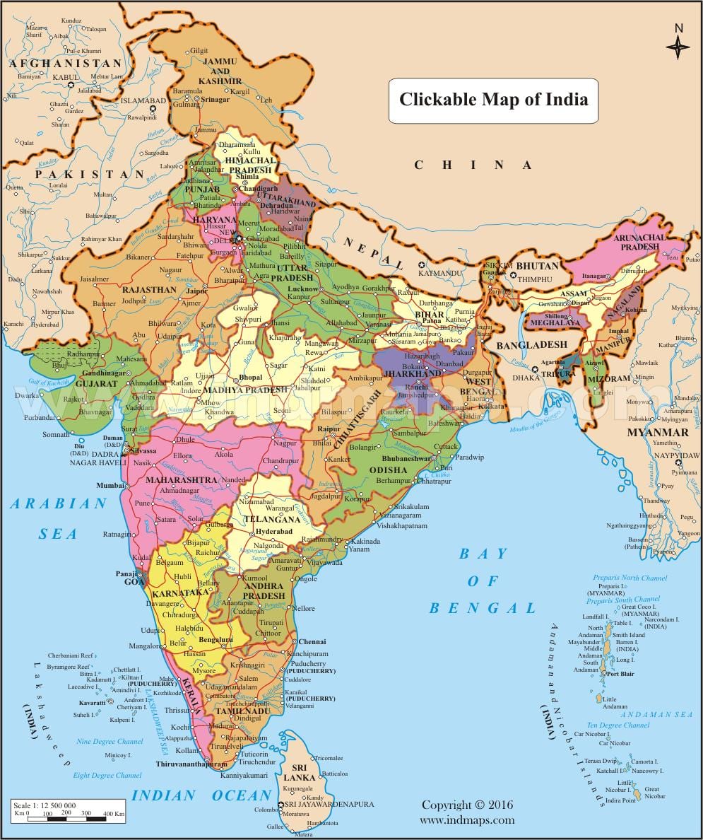 Índia mapa com os estados e cidades