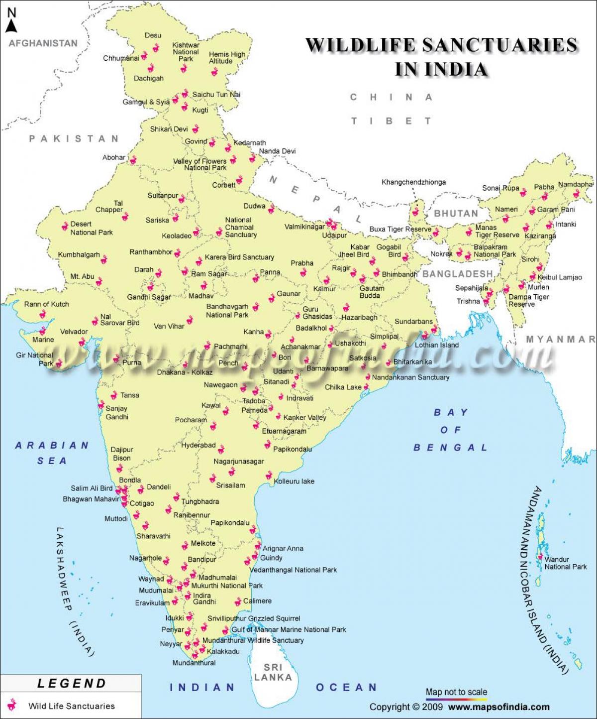 mapa da Índia, santuários de vida selvagem