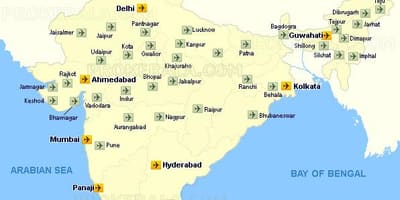 Mapa dos aeroportos internacionais na Índia