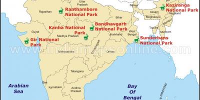 Mapa dos parques nacionais na Índia